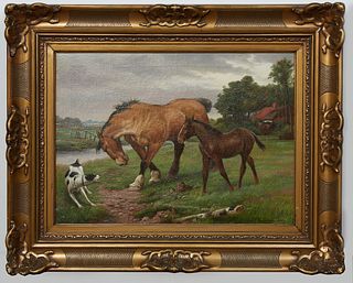 Jef van Leemputten (1865-1948, Belgium), "Horses and a Dog in a Field," 20th c., oil on canvas, signed lower right, presented in a gilt and gesso fram