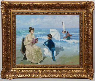 Juan Soler (1941- 1984, Spanish), "Ladies on the Beach," oil on canvas, signed lower right, presented in a gilt and gesso frame, H.- 12 1/2 in., W.- 1