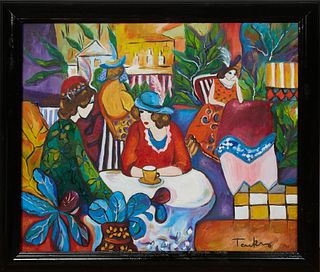 Itzchak Tarkay (1935-2012, Israel), "Tea Time," 20th c., oil on canvas, signed lower right, presented in an ebonized frame, H.- 19 3/4 in., W.- 23 1/2