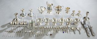 Large Group of 73 Sterling Items, consisting of three pair of weighted candleholders; 6 sterling and crystal coasters; 6 sherbets, a Fisher creamer an