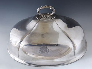 Large English Silverplated Meat Dome, 19th c., with a leaf form ring handle and and engraved armorial on one side "Patience and Perseverance," H.- 12 