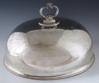 English Victorian SIlverplated Meat Dome, 19th c., with a stepped beaded rim, H.- 12 1/2 in., W.- 17 5/8 in., D.- 14 1/8 in.