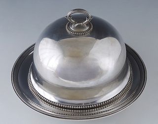 Christofle Silverplated Entree Dome and Tray, 19th c., with beaded rims on both pieces, H.- 7 1/2 in., Dia.- 10 5/8 in.