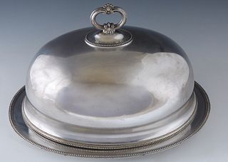 English Victorian Glastonbury Silverplated Oval Meat Dome and Tray, both with beaded edges, H.- 10 in., W.- 16 in., D.- 12 in.