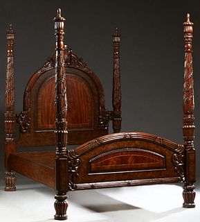 Carved Mahogany Queen Size Poster Bed, 21st c., the arched headboard with a pierced scrolled leaf crest within reeded posts with relief floral garland