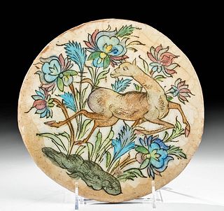 19th C. Persian Qajar Polychrome Tile w/ Deer