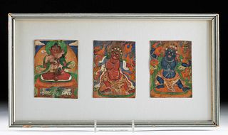 Framed Trio of 19th C. Tibetan Miniature Thangkas