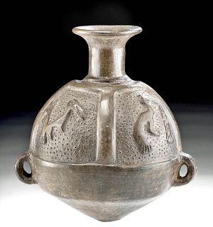 Inca Greyware Pottery Aryballo w/ Relief Figures