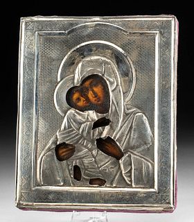 19th C. Russian Icon & Silver Oklad, Virgin of the Kiss