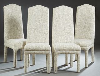 Set of Four Unusual Upholstered Dining Chairs, 20th c., the canted arched high backs to trapezoidal cushioned seats, on upholstered square legs, in a 