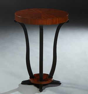 Contemporary Black Lacquer and Crotched Mahogany Circular Lamp Table, 20th c., on four splayed cabriole legs joined by a bottom stretcher shelf, H- 28