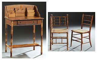 Three Pieces of Anglo-Chinese Bamboo Furniture, late 19th c., consisting of an oak and bent bamboo desk, the arched splash back fitted with letter rac