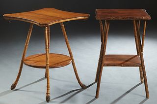 Two Anglo-Indian Bamboo Side Tables, late 19th c, one of square form, on splayed legs joined by a lower shelf; the other of indented square form on sp