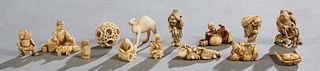 Group of Fourteen Chinese Carved Ivory Pieces, early 20th c., consisting of eight figural netsuke, three signed; a puzzle ball; and five okimonos, one