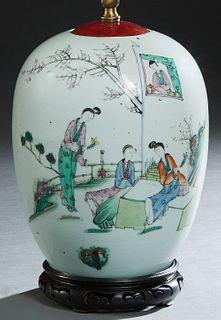 Chinese Porcelain Baluster Jar, late 19th c., with figural and landscape decoration, now on a carved mahogany base and wired as a lamp, H.- 12 in., Di