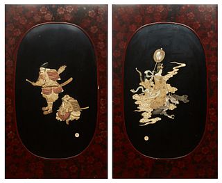 Pair of Unusual Oriental Lacquered Plaques, late 19th c.,the oval pictures inlaid with bone and mother-of-pearl, one of two Samurai warriors overlaid 