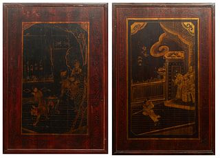 Pair of Chinese Contemporary Wood Panels, 20th c., with painted scenes of warriors on each panel, H.- 37 3/4 in., W.- 24 3/4 in. (2 pcs.)