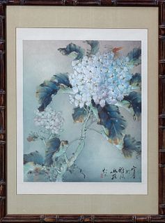 Henry Wo Yue-Kee (1927-, Chinese), "White Flowers and Dragonfly," 20th c. watercolor, signed lower right in Chinese, presented in a faux bamboo frame 