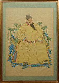 Chinese Ancestor Portrait, late 19th c., oil on silk scroll, presented in a gilt frame with an embroidered silk mat, H.- 43 in., W.- 30 1/2 in.