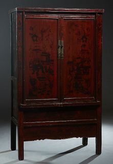 Chinese Double Door Lacquered Elm Armoire, 19thc., the doors with figural and landscape decoration, over a deep paint decorated skirt, on block legs, 