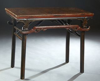 Unusual Chinese Carved Elm Folding Altar Table, early 20th c., with gilt, black and red lacquer decoration, with a pierced skirt, on circular legs, H.