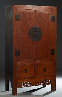 Chinese Ming Style Double Door Armoire, 19th c., Shanghai, with large brass lock plates, H.- 80 1/2 in., W.- 43 3/4 in., D.- 20 3/4 in.