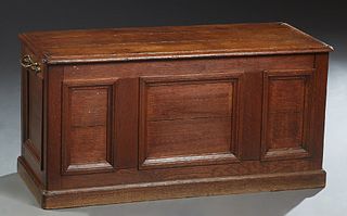 French Provincial Carved Oak Coffer, 19th c., the three board top over a three paneled front, on a plinth base, the sides with brass handles, H.- 20m 
