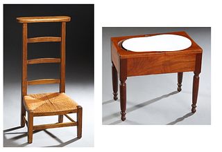 French Provincial Carved Beech Rush Seat Prie Dieu, late 19th c., the curved armrest over a ladder back, to a bowed rush seat, on square tapered legs 