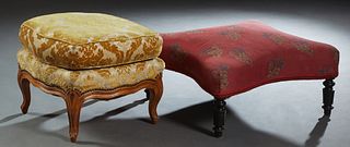 Two French Stools, one Louis XV Style Carved Walnut Upholstered example, early 20th c., with a removable cushion top over a serpentine skirt, on reede