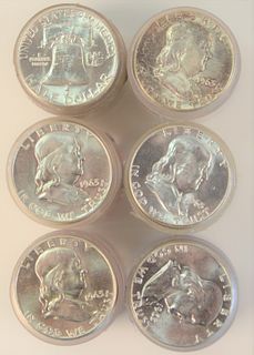 Six Rolls of Franklin Silver Half Dollars, 1963, AU.