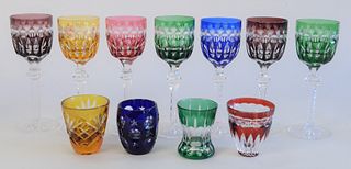 Group of Eleven Faberge Glasses, to include 7 Faberge "Odessa" colored cut glass stemmed wine glasses, each height 6 inches; along with Four Faberge C