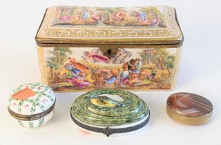Group of four boxes to include, Capodimonte box with hinged lid, agate trinket case, painted porcelain with floral motif trinket box, along with a Lim