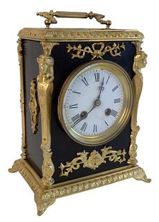 Continental Clock, with brass mounts and handle, (dial repaired), height 9 inches.