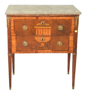 Louis XV Commode, with marble top, front with urn inlay, and bronze mounts, handwriting on top under marble, height 30 inches, width 27 inches.