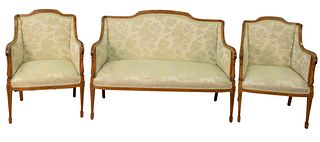 Three Piece Edwardian Style Settee, along with two arm chairs, satinwood with paint decoration (one seat with stain), height 37 1/2", width 51 1/2".