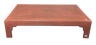 Chinese Style Coffee Table, cloth finish under red lacquer, height 12 inches, top 34" x 52".