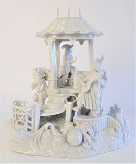 German Porcelain Group, people in gazebo, blue mark on back, height 13 1/2 inches.