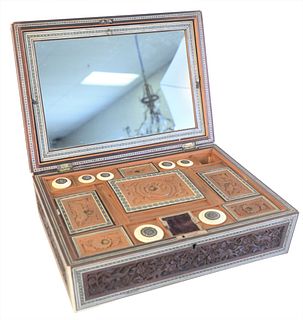 Carved Rosewood and Inlaid Rectangular Sewing Box, with fitted interior, height 4 1/2 inches, width 12 3/4 inches, depth 9 1/4 inches.