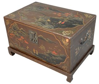 Chinoiserie Decorated Lift Top Chest, on base with short legs, height 17 inches, top 18" x 27".