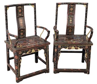Pair of Chinese Armchairs, paint decorated with dragon, bird, and flowers, height 42 inches.
