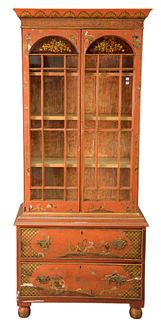Chinoiserie Decorated Display Cabinet, in two parts, two glazed doors over two drawers, (chips on doors and drawers), height 76 inches, overall width 