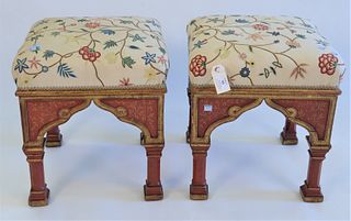 Pair Paint Decorated Footstools, with cruelwork tops, height 17 inches, top 16" x 16".