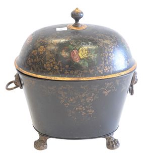 Victorian Tole Coal Hod painted black with flowers, having dome top and claw feet, height 20 inches, width 18 inches.
