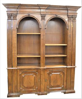 Walnut Bookcase, with fluted pilaster ends, with open shelves and door to either end, height 86 inches, total length 72 inches, total depth 18 1/2 inc