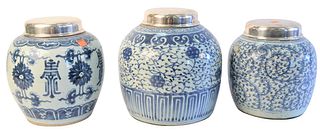 Three Chinese Blue and White Porcelain Ginger Jars, each having a silvered lid, tallest height 11 inches.