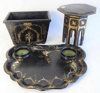 Three Piece Lot to include, papier mache tray, having black lacquer, mother of pearl, and gilt decoration, length 24 inches; a small, black lacquer st