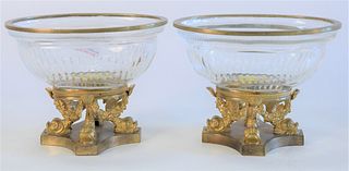 Pair Crystal and Gilt Bronze Oval Dishes, on gilt bronze dolphin bases, height 4 1/2 inches, top 4 1/4" x 5 7/8".