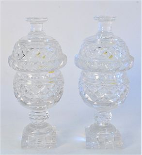 Pair Anglo Irish Covered Crystal Dishes, height 8 inches.
