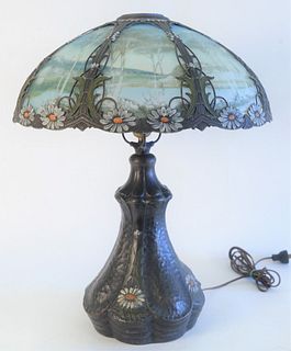 Victorian Reverse Painted Table Lamp, reverse painted with landscape scene, painted flower frame, with matching ceramic base, attributed to Bradley & 