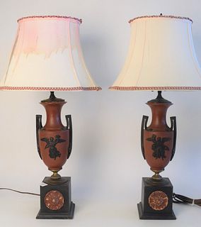 Pair of Basalt Table Lamps, urn style with handles and classical figures, mounted on wood bases, (repaired), height 30 1/2 inches.
